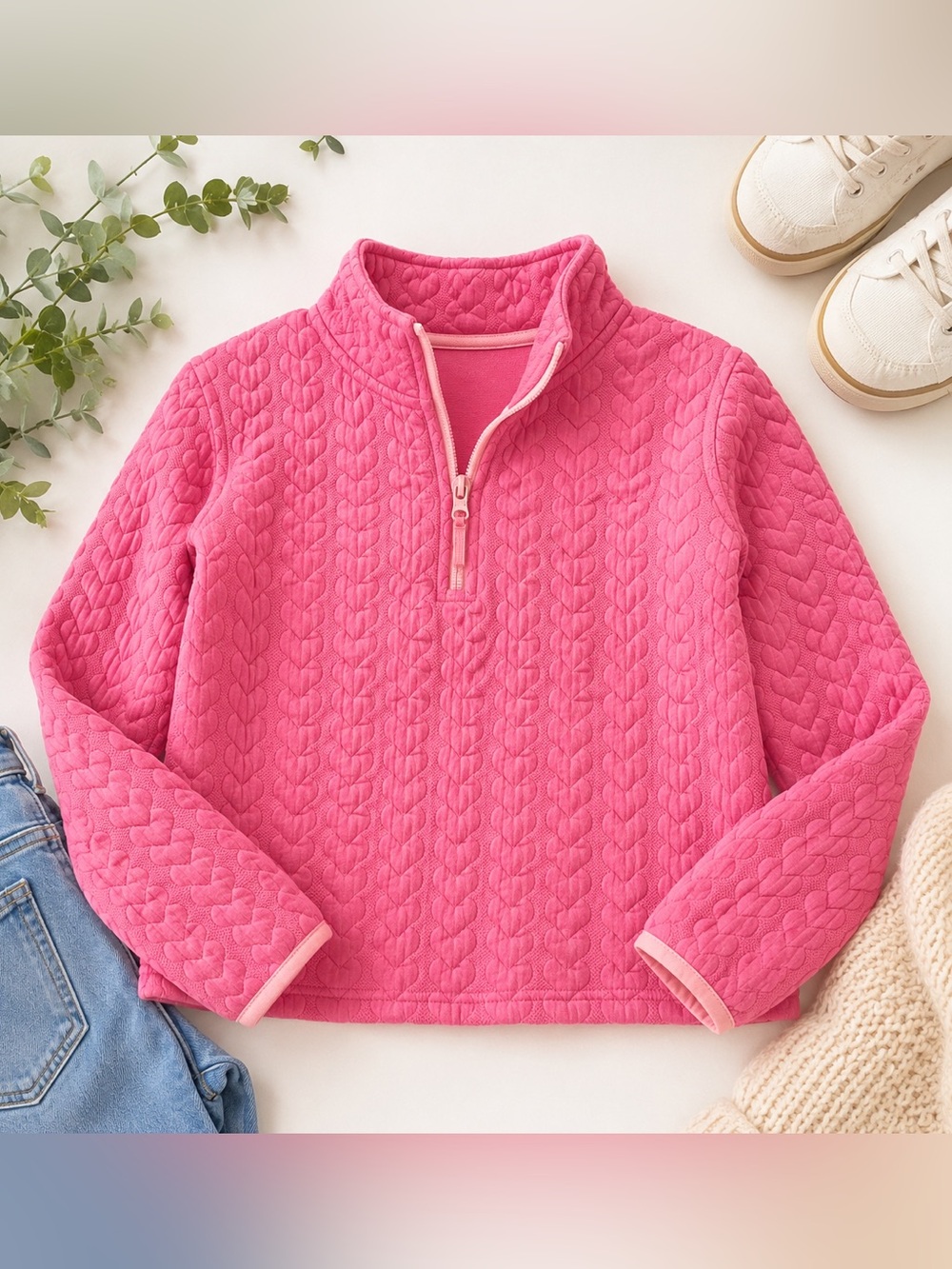 Crewcuts Girls Pink Heart Quilted Half Zip Pullover